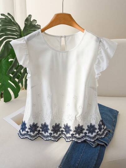 CosyJoli Blusa blanca holgada con mangas de campana y borde bordado para mujer de talla grande, versátil para uso diario, ir al trabajo, citas, primavera/verano