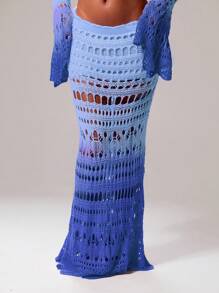 MUSERA Váy maxi dài xòe đuôi cá phối màu ombre, chất liệu móc len, chỉ dùng để che chắn khi đi bơi, thích hợp cho kỳ nghỉ hè, lễ hội, đồ đi biển, lãng mạn, thanh lịch, sinh nhật, tiệc mùa hè phong cách Boho. - Màu xanh lam - Xem 2