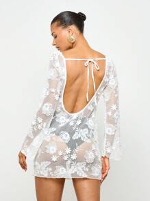 AiiRZ Robe de plage en maille transparente à manches longues et mini-robe florale. Couvre-maillot de bain d'été, tenue de vacances et de plage, robe de piscine - Blanc - Voir 2