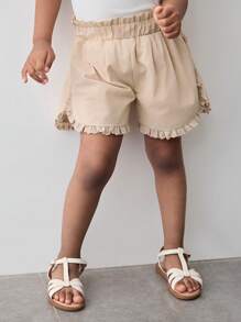 Maija Kids Maija Kids Young Girl's Summer Fashion Simple Casual Versatile Loose A-Line Style Light Khaki Ruffled Hem Solid Color Shorts - Khaki - View 6