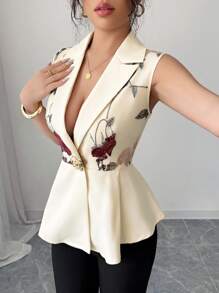 Chiquease Áo cánh không tay thêu hoa hồng kim loại thanh lịch giản dị mùa xuân/hè cho nữ - Màu be - Xem 1