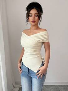 SHEIN Raffinéa Áo thun nữ hở vai tay ngắn bó sát khi đi làm, mùa hè - Màu be - Xem 4
