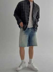 DAZY Summer Solid Blue Distressed Washed Men's Denim Shorts - Blue - View 1