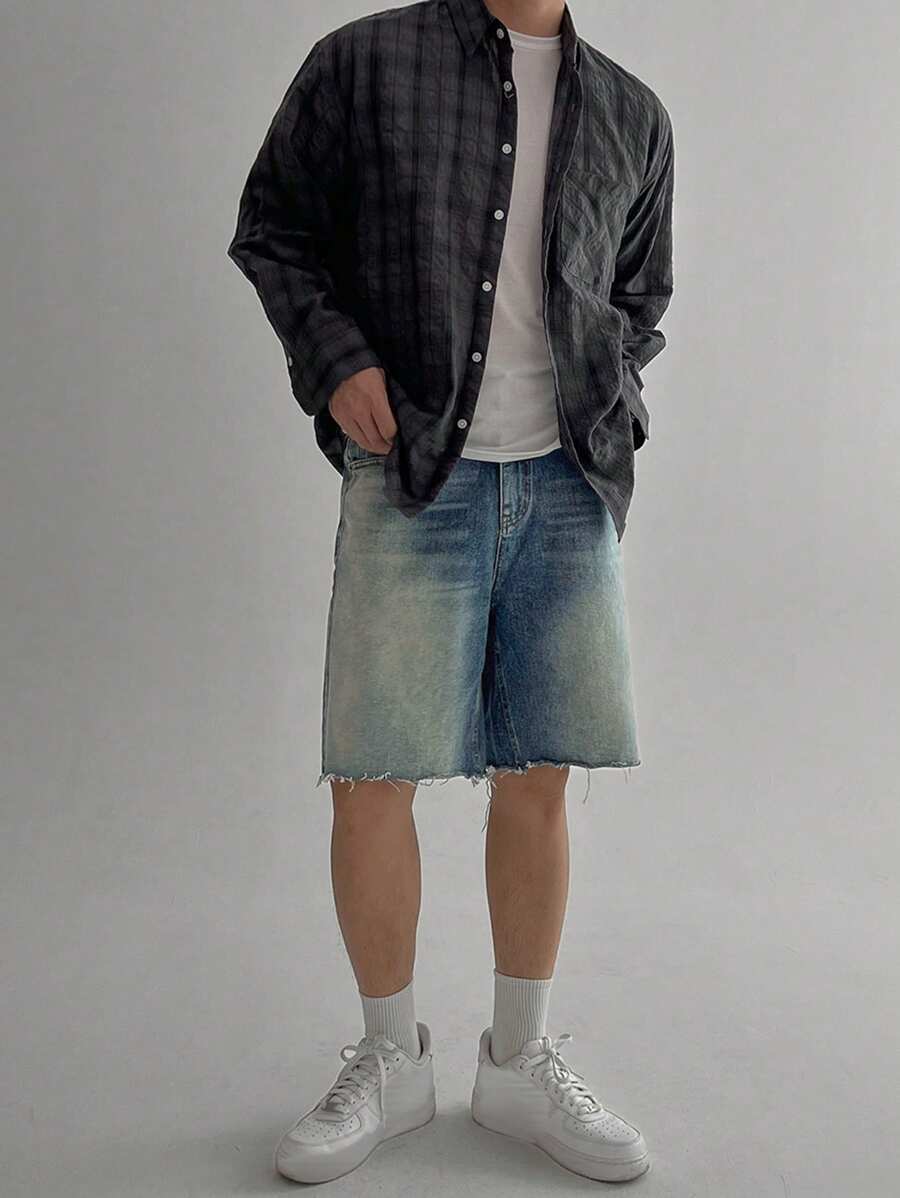 DAZY Summer Solid Blue Distressed Washed Men's Denim Shorts - Blue - View 1