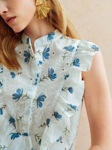 Écloséra French Retro Hollow Embroidery Print Ruffle Trim Cap Sleeve Blouse - White - View 3