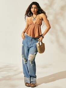 TrendSteals Vintage Bohemian Vacation Orange Ruffled Hem Casual Tank Top For Women Cotton Backless Tie Fall Clothes - Orange - View 6