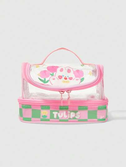 Kawaii Organizador de accesorios y bolsa de maquillaje con lindo estampado de animal y a cuadros rosados