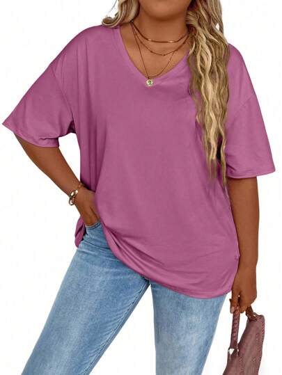 EMERY ROSE Plus Size Women Summer Solid Color V-Neck Drop Shoulder Casual Loose T-Shirt