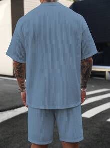 Manfinity CasualCool 男士纯色落肩休闲圆领纹理面料T恤男士两件套男士两件套男士两件套男士两件套男士两件套 - 藍色 - 查看 2