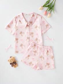 مجموعتان من القمصان قصيرة الأكمام والشورتات المطبوعة بنقوش الدب الصغير لملابس المنزل الكاجوال للأطفال الصغار، جديد