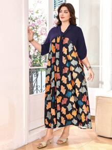 Lacomfia Vestido largo con cintura entallada, estampado de hojas y patchwork, talla grande - Morado - Ver 3