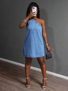 Slaydiva 女士休闲优雅牛仔连衣裙 - 藍色 - 查看 7