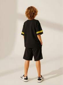2pcs/Set Tween Boys Striped Round Neck Short Sleeve Palm Tree Print T-Shirt Set, Summer - Black - View 2