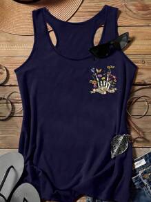 EMERY ROSE 花卉和骷髅印花休闲简约背心，加大码，适合夏季 - 藏蓝色 - 查看 3