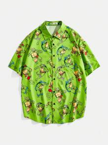 TEENAGE MUTANT NINJA TURTLES X SHEIN Camisa holgada informal de manga corta y tejido estampado para hombres en verano