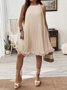 SHEIN Unity Women Plus Size Solid Color Elegant Pleated & Ruffle Hem Tie Waist Dress - Apricot - View 3