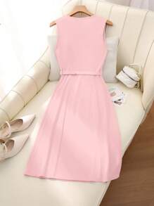 Women's Round Neck Elegant High-End Fashion Commuter Solid Color Slit Dress (With Belt) - Pink - View 2