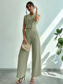 Firerie Bộ 2 bộ vest nữ công sở thanh lịch có cổ áo + quần ống đứng - Màu xanh Bạc hà - Xem 5
