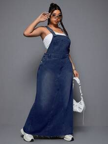 SHEIN ICON Plus Size Solid Color Backless Casual Sleeveless Denim Dress For Summer Plus Size Denim Overalls - Dark Wash - View 5