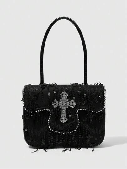 Grunge Punk Bolso de hombro de moda con decoración de metal cruzada y flecos para mujeres