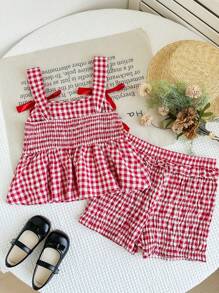 LMoss Kids 2件套青少年女孩梭织格子吊带背心和短裤套装 - 紅白色 - 查看 8