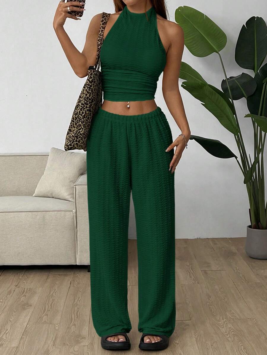 SHEIN EZwear 橄榄绿针织女式休闲修身套装 - 墨綠色 - 查看 1