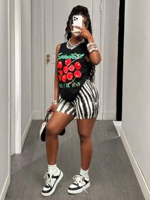 Slaydiva 2025新款夏季休闲街头运动风甜美少女圆领无袖宽松樱桃标语印花黑色长背心+修身斑马纹黑白条纹骑行裤超短裤女两件套-A - 彩色 - 查看 4