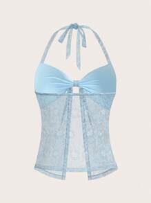 Sweetina 女士性感蕾丝细肩带镂空吊带背心，夏季蓝色蕾丝上衣，宽松下摆 - 藍色 - 查看 9