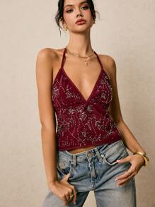 Poéselle Blusa de escote halter y espalda descubierta con cuentas, ideal para vacaciones