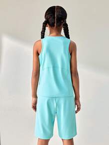 JNSQ Back To School Tween Girl Outdoor Sports Vest & Shorts Set, Children Round Neck 4-Needle 6-Thread Boneless Stitching Embroidered Vest & Shorts Set - Blue - View 3