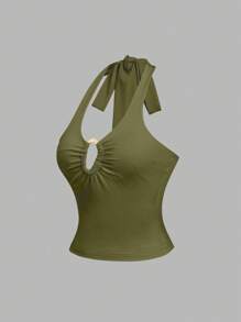 Sweetra 女士纯色褶皱环扣式挂脖上衣 - 軍綠色 - 查看 5