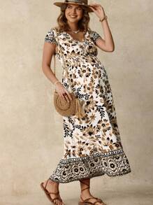 Boho Mama Gaun Hamil Wanita Putih Motif Bunga Boho, Gaun Liburan Musim Panas dengan Hem Bergelombang, Cocok untuk Liburan Musim Panas Gaya Boho - Khaki - View 1