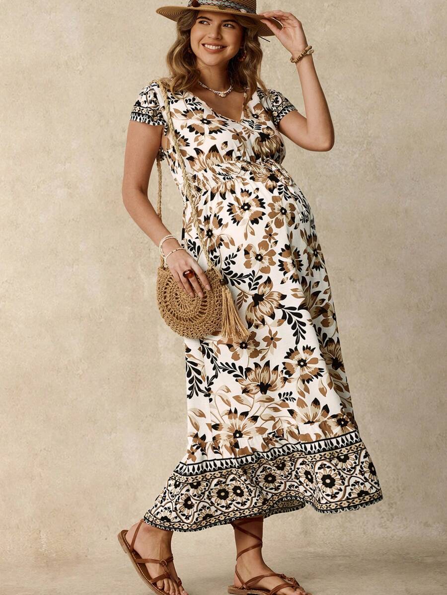 Boho Mama Gaun Hamil Wanita Putih Motif Bunga Boho, Gaun Liburan Musim Panas dengan Hem Bergelombang, Cocok untuk Liburan Musim Panas Gaya Boho - Khaki - View 1
