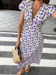 SHEIN Frenchy Women's Vacation Floral Print Deep V Neck Batwing Sleeve Midi Dress Summer Purple Beach - Purple - View 5