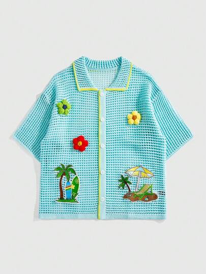 Street Life Chemise à manches courtes ample à mailles lâches avec motif floral 3D pour hommes