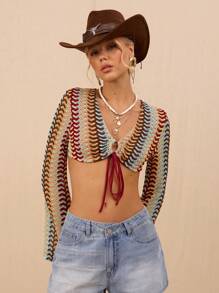 Avantive 全新夏季女士V领长袖钩针系带沙滩短款上衣 - 彩色 - 查看 4