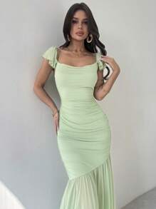 Firerie 女士优雅褶皱裹身绿色网眼紧身连衣裙，荷叶边下摆，适合派对、度假、音乐节、婚礼季、早午餐、圣帕特里克节、波西米亚风女式长裙、仙女风、度假装、毕业礼服、沙滩装、机场装 - 綠色 - 查看 5