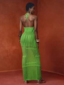 Zivah 2025新款夏季休闲度假沙滩裙日常约会海滩派对挂脖吊带深V领性感包臀裙长裙绿色钩针裙女毛衣裙