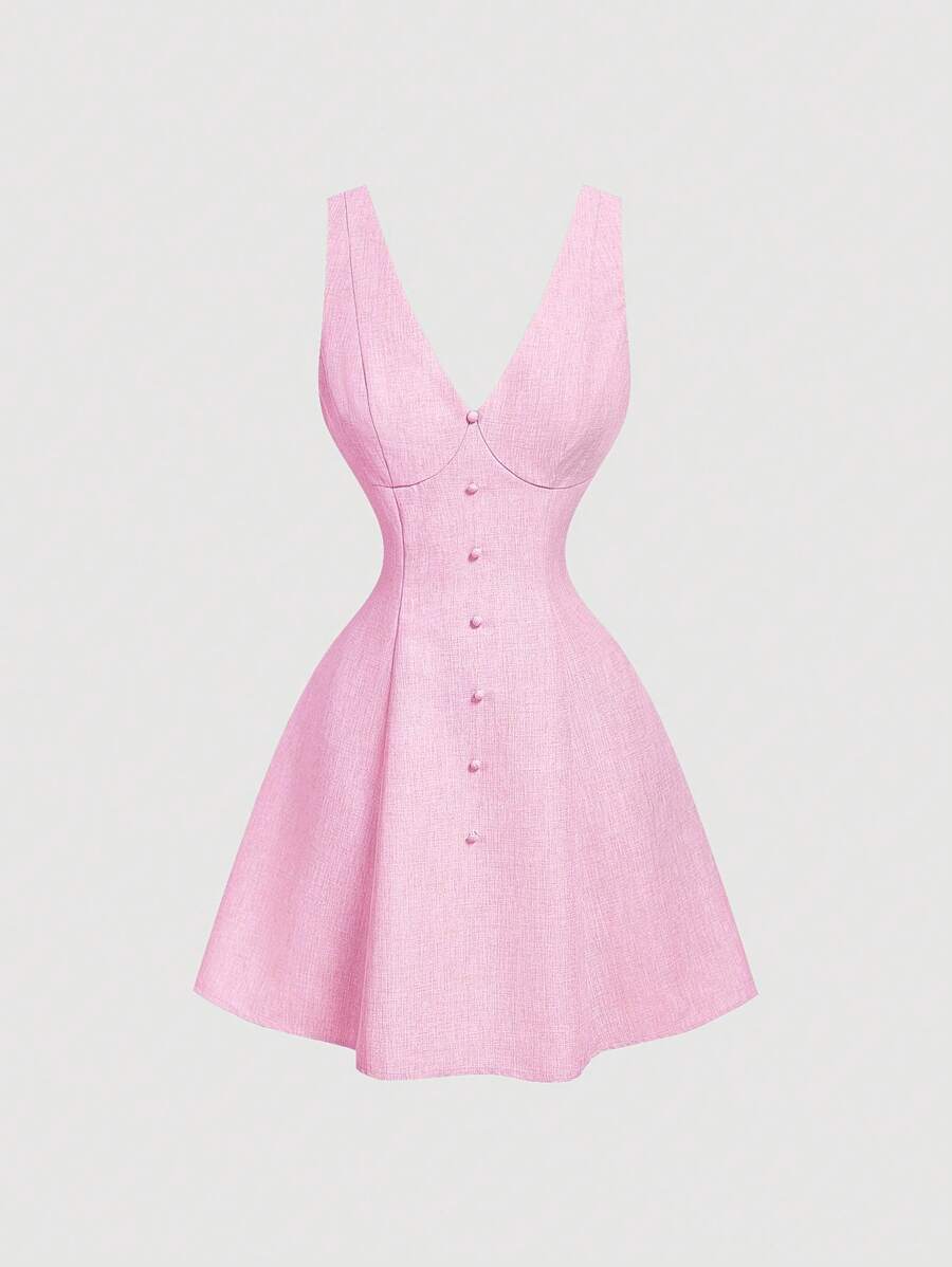 SHEIN MOD Váy suông không tay thắt eo màu vải lanh cho nữ - Hồng - Xem 1