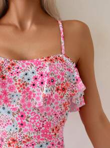 Swim Mod Women's Summer Ditsy Floral Ruffled Trim One-Piece Swimsuit - Multicolor - View 4