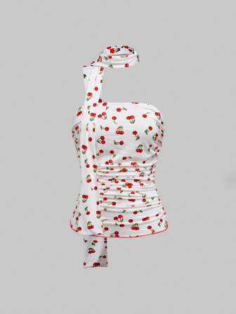 Kawaii Top de tirantes con estampado de cerezas y drapeado, estilo vintage, para mujer en verano