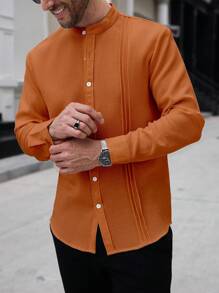 Manfinity Homme Áo sơ mi nam tay dài màu trơn giản dị, họa tiết đơn giản, nhăn, họa tiết trơn, chất liệu vải dày dặn, nhẹ nhàng, trưởng thành, cài nút, màu trơn, đi làm, mùa thu - trái cam - Xem 3
