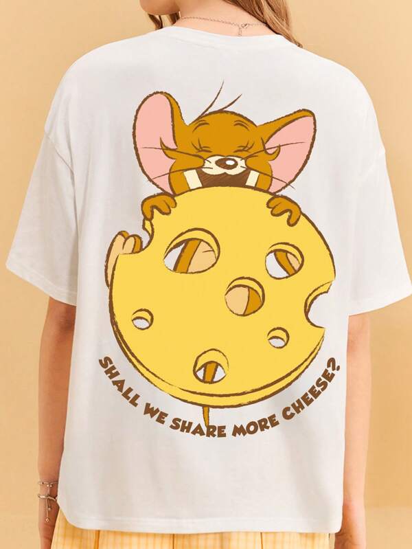 TOM & JERRY X SHEIN Women Summer Casual Cheese And Mouse Cute Print Round Neck White Oversized Short Sleeve T-Shirt,