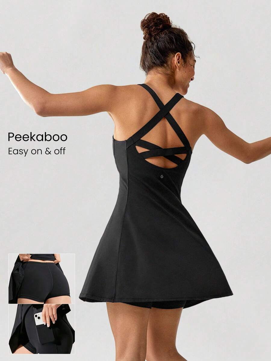 GLOWMODE FeatherFit™-Air Peekaboo Mini Dress With Built-In Shorts Pocket Square Neck Anti-Slip Crisscross Light Support Low Impact Quick Dry Moisture Wicking