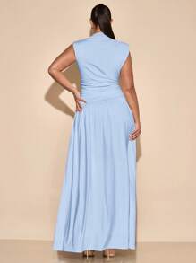 SHEIN BAE 大码女式优雅无袖褶皱长裙，春夏无袖高领纯白色不对称褶皱超长裙，适合秋冬分层搭配，法式连衣裙，晚礼服，生日礼服，伴娘礼服，简约日常优雅连衣裙，女士正式礼服，女士婚礼宾客礼服 - 淺藍色 - 查看 2