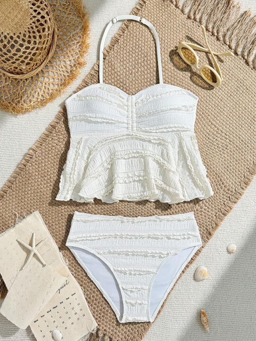 Tween Girls Solid Color Tankini Swimsuit - White - View 1