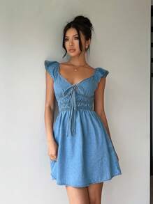 Aloruh Women Casual Fitted Mini Denim Dress, Blue, Night Out - Blue - View 9