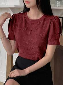 DAZY Women's Sweet & Casual Round Neck Short Sleeve Top, Summer T-Shirt - Burgundy - View 5