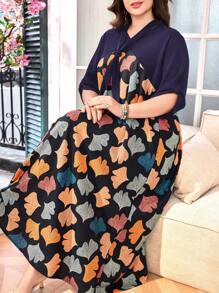 Lacomfia Vestido largo con cintura entallada, estampado de hojas y patchwork, talla grande - Morado - Ver 6