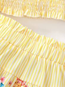 SHEIN Elladie kids 2件套年轻女孩度假休闲条纹吊带背心和碎花拼布A字裙 - 黃色 - 查看 7